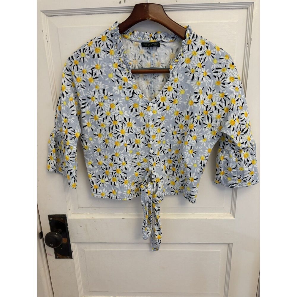 For Cynthia Linen Blend Floral Blouse Tie Front Flowers Daisies Boho Size S Crop